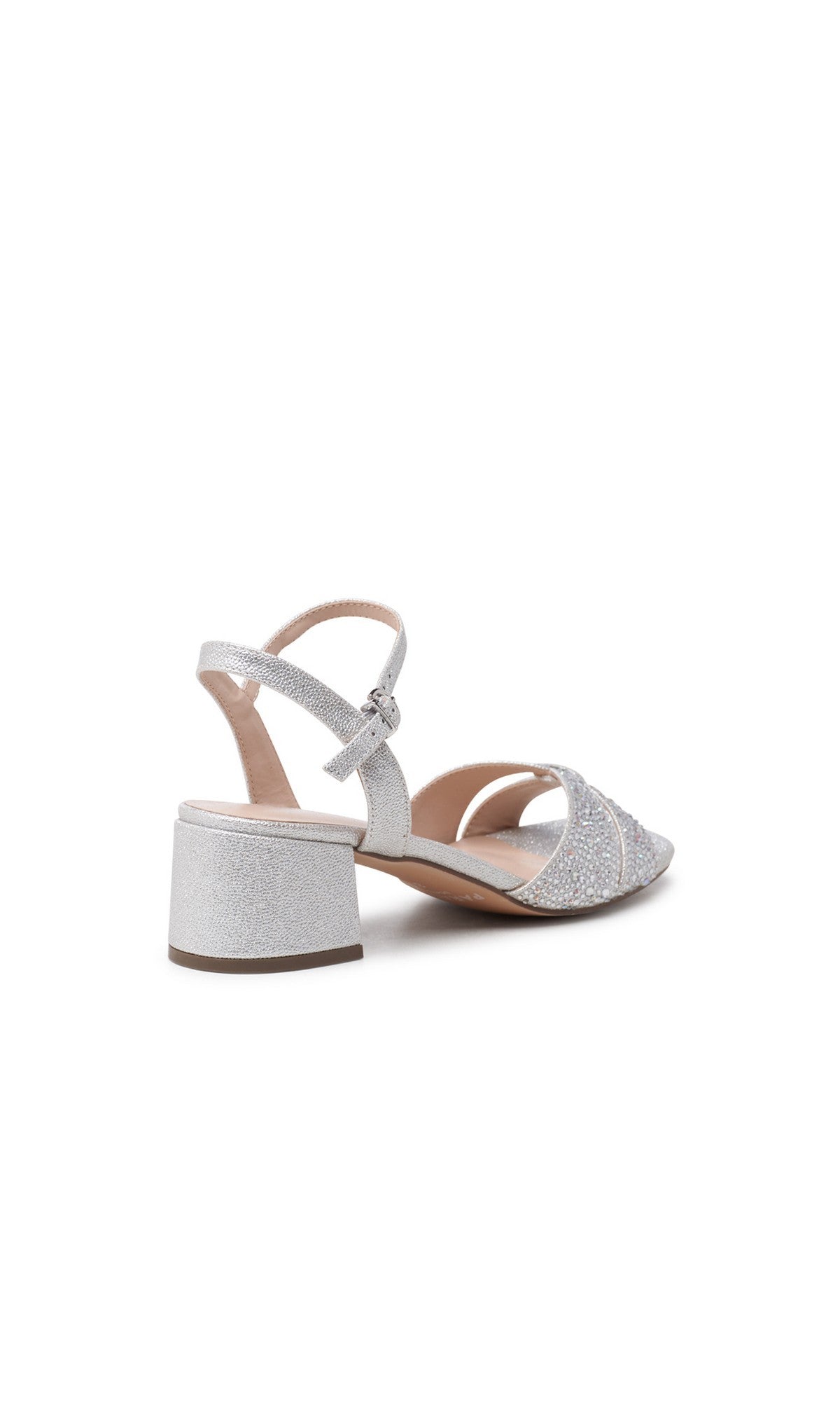 The Marquise Silver Prom Shoes (Paradox London P2607) feature glitter finish, block heel, ankle strap, and open toe—perfect for special occasions. Displayed against a white background.